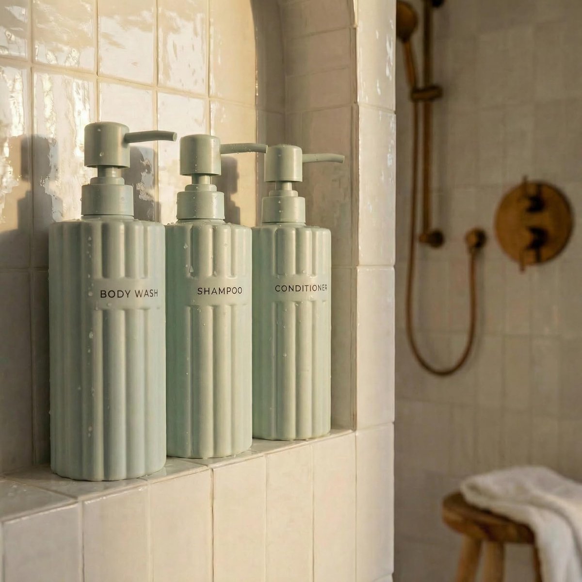 Thijox - Stijlvolle Shampoo- en Conditionerdispenser Set van 3 - Moderne 538 ml Douchezeepflessen met Pomp en Etiketten voor Luxe Badkamer Upgrade