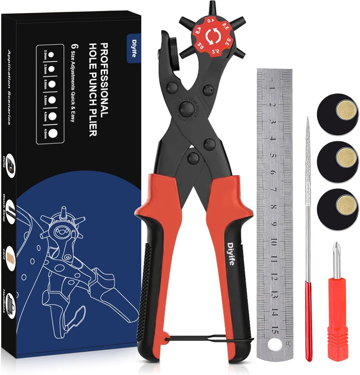 Thijox - Lederen Perforator Set, Riemperforator met Revolver-Ponstang, 2 Ponsplaten & Liniaal, Meerdere Maten voor Riemen en Knutselen, Blauw/Rood voo