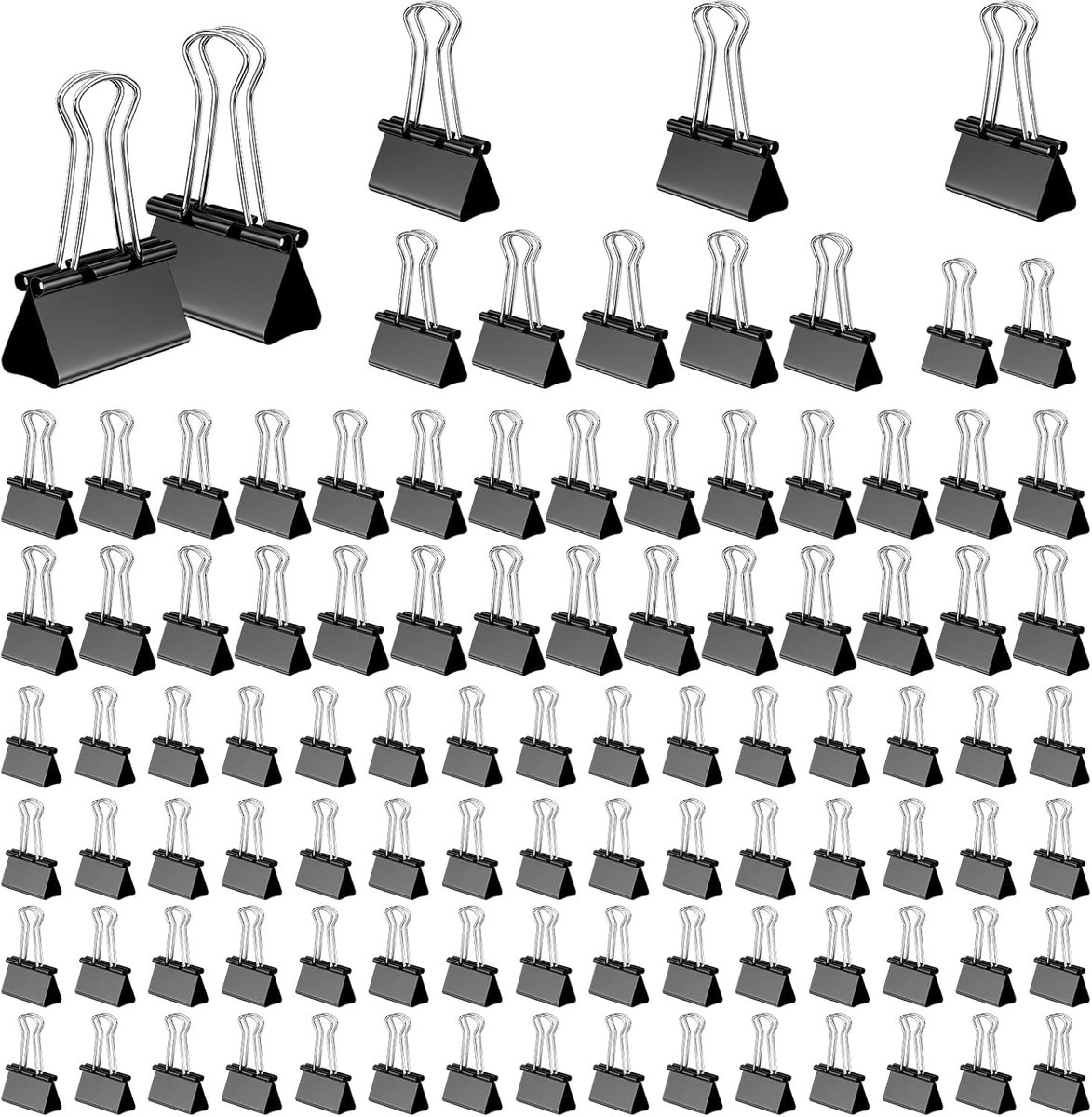 SnelShoppen - Pack van 100 Vouwklemmen, 15mm/19mm/25mm/32mm Paperclips, Metalen Binderclips, Multifunctionele Klemmen voor Kantoor, Stationery (Zwart)