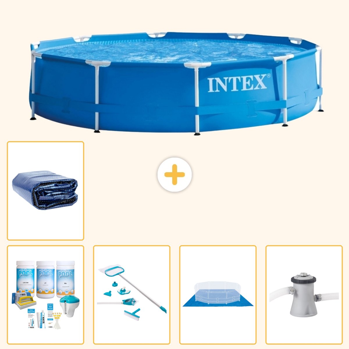 Intex Rond Frame Zwembad - 305 x 76 cm - Blauw - Inclusief Onderhoudspakket - Schoonmaakset - Grondzeil - Zwembadfilterpomp - Solarzeil - 6-delig