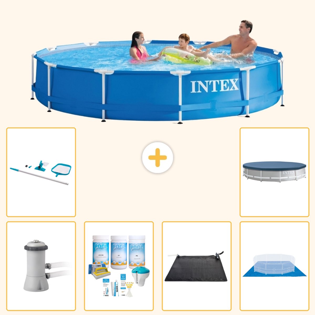 Intex Rond Frame Zwembad - 366 x 76 cm - Blauw - Inclusief Pomp - Onderhoudspakket - Solar Mat - Grondzeil - Schoonmaakset - Afdekzeil - 7-delig