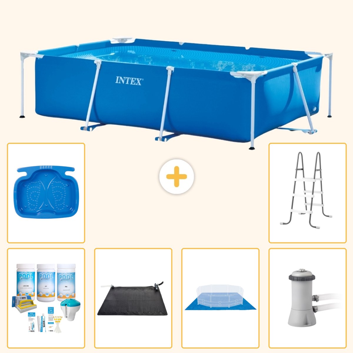 Intex Rechthoekig Frame Zwembad - 300 x 200 x 75 cm - Blauw - Inclusief Onderhoudspakket - Solar Mat - Grondzeil - Zwembadfilterpomp - Voetenbad - Ladder - 7-delig