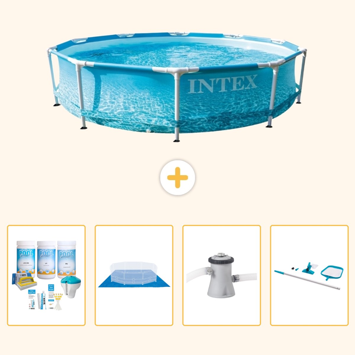 Intex Rond Frame Zwembad - 305 x 76 cm - Waterprint - Inclusief Onderhoudspakket - Grondzeil - Zwembadfilterpomp - Schoonmaakset - 5-delig