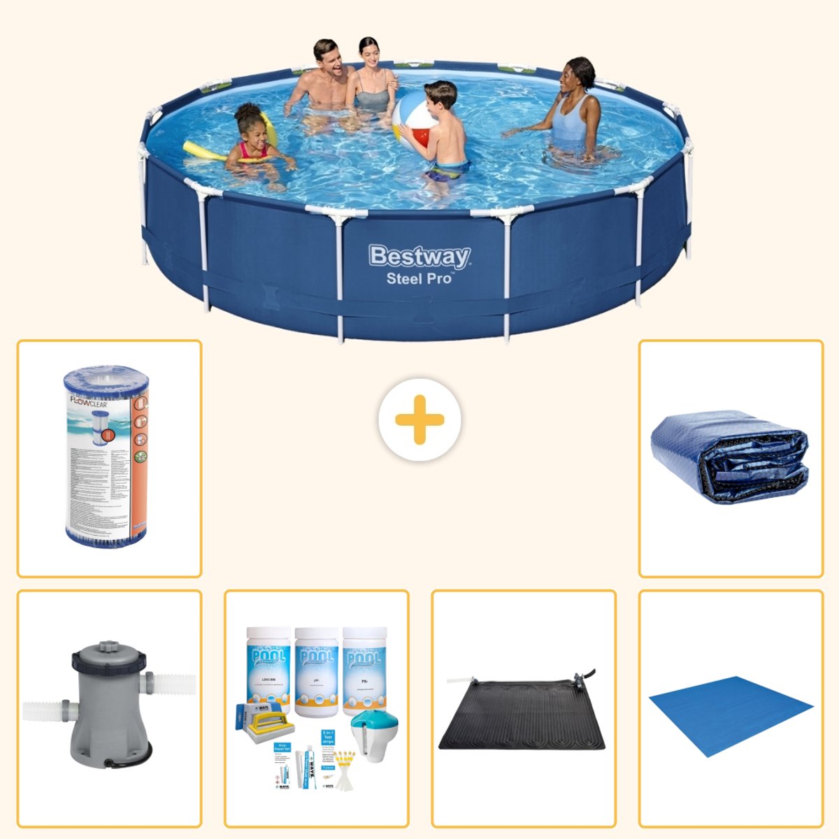 Bestway Rond Steel Pro Zwembad - 396 x 84 cm - Blauw - Inclusief Pomp - Onderhoudspakket - Solar Mat - Grondzeil - Filter - Solarzeil - 7-delig