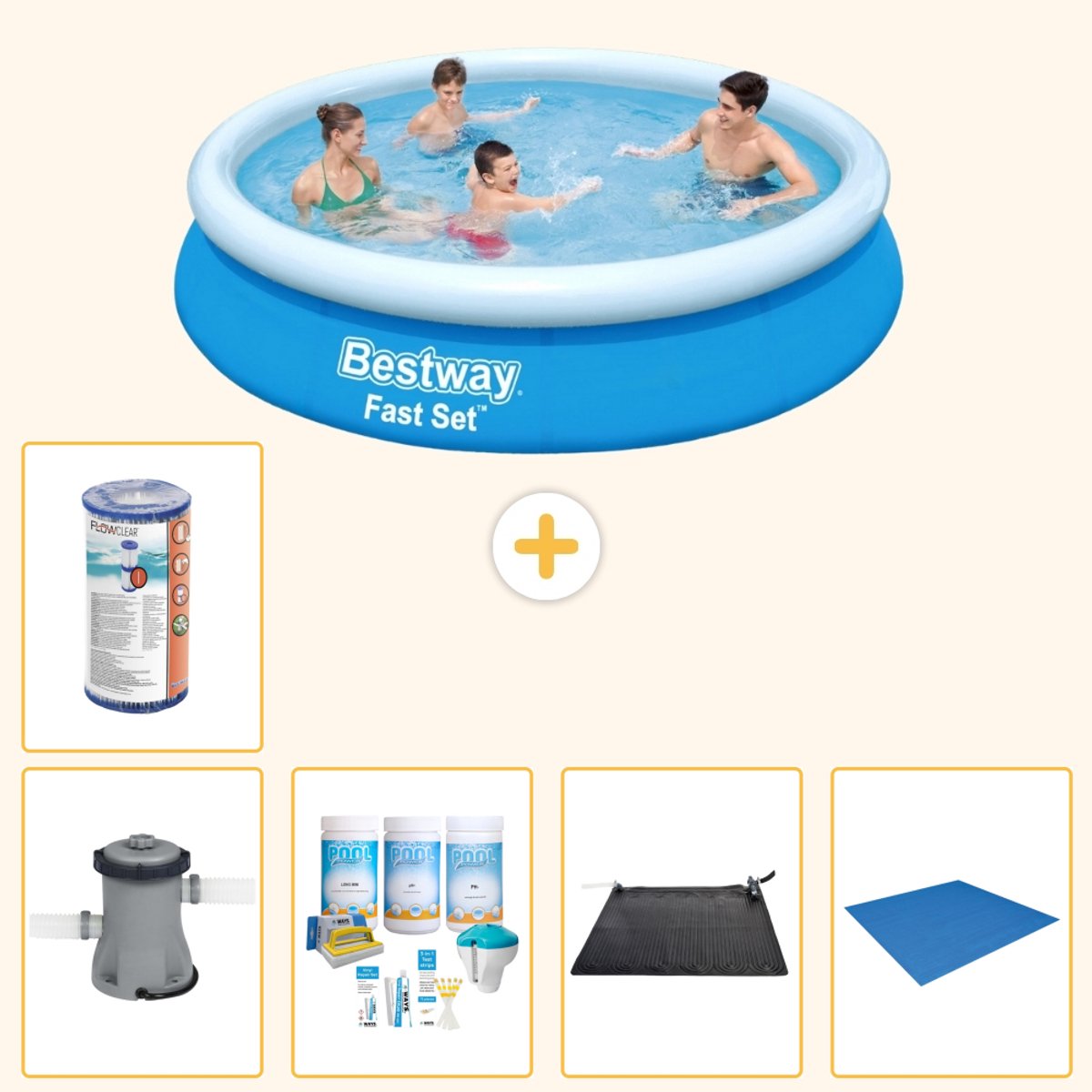 Bestway Rond Opblaasbaar Fast Set Zwembad - 366 x 76 cm - Blauw - Inclusief Pomp - Onderhoudspakket - Solar Mat - Grondzeil - Filter - 6-delig