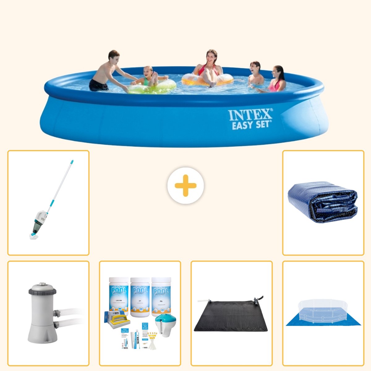 Intex Rond Opblaasbaar Easy Set Zwembad - 457 x 84 cm - Blauw - Inclusief Pomp - Onderhoudspakket - Solar Mat - Grondzeil - Stofzuiger - Solarzeil - 7-delig
