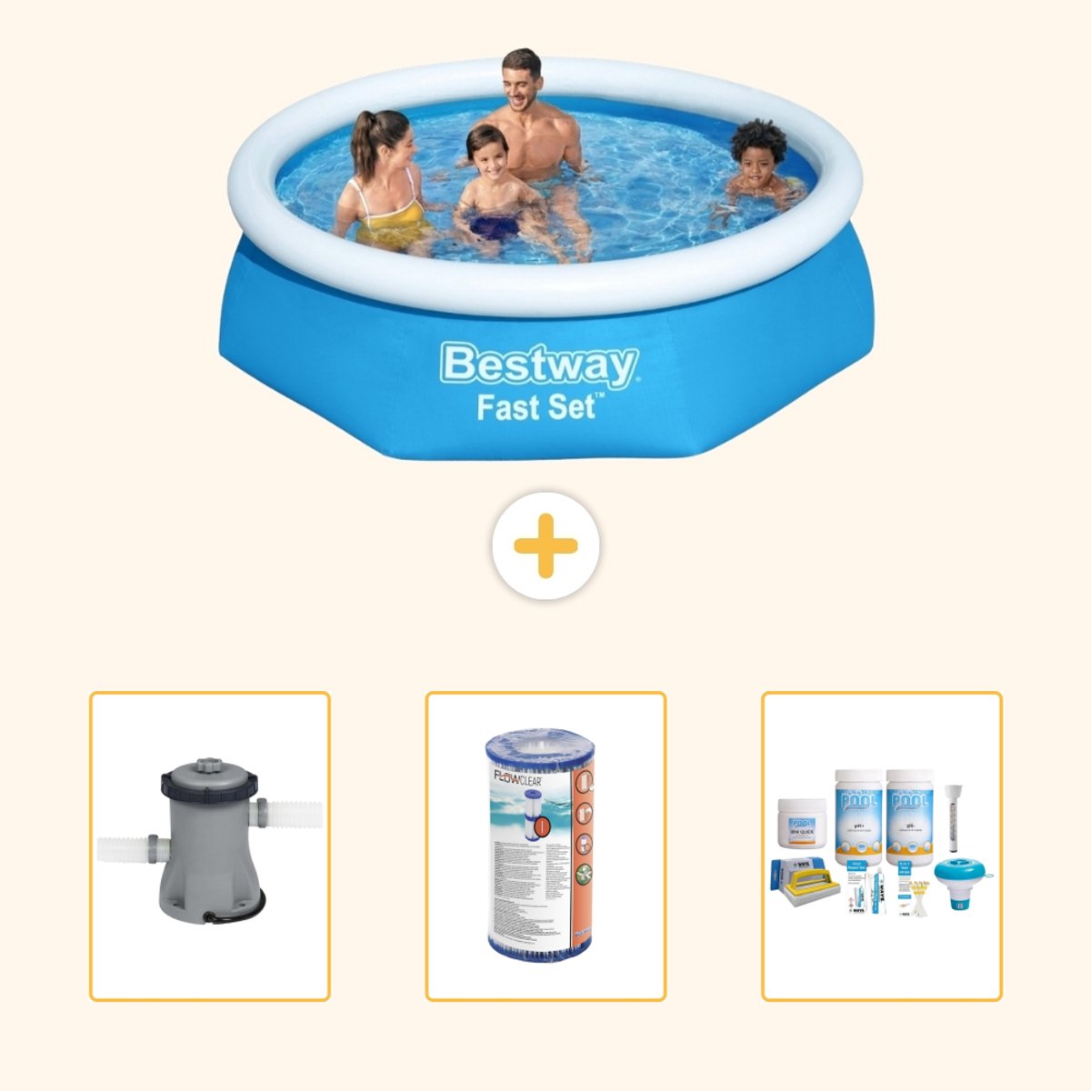 Bestway Rond Opblaasbaar Fast Set Zwembad - 244 x 61 cm - Blauw - Inclusief Pomp - Filter - Onderhoudspakket - 4-delig