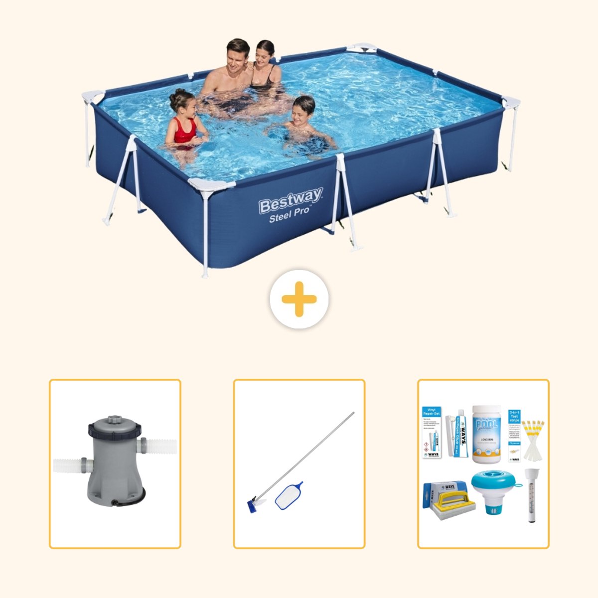 Bestway Rechthoekig Steel Pro Zwembad - 300 x 201 x 66 cm - Blauw - Inclusief Pomp - Schoonmaakset - Onderhoudspakket - 4-delig