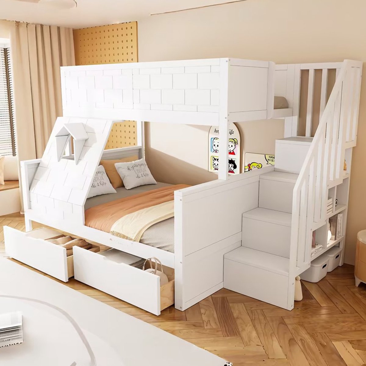 KOMHTOM - Kinderbed / stapelbed - Veiligheidsladder en lades - Massief houten frame - Bovenbed 90 x 200, onderbed 140 x 200