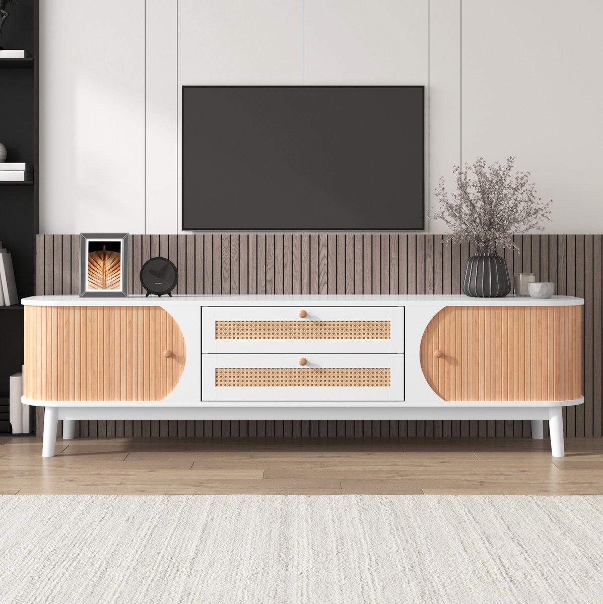 COVREO tv meubel 170 x 39,5 x 46 cm - wit met houtkleur, 2 deuren en 2 lades