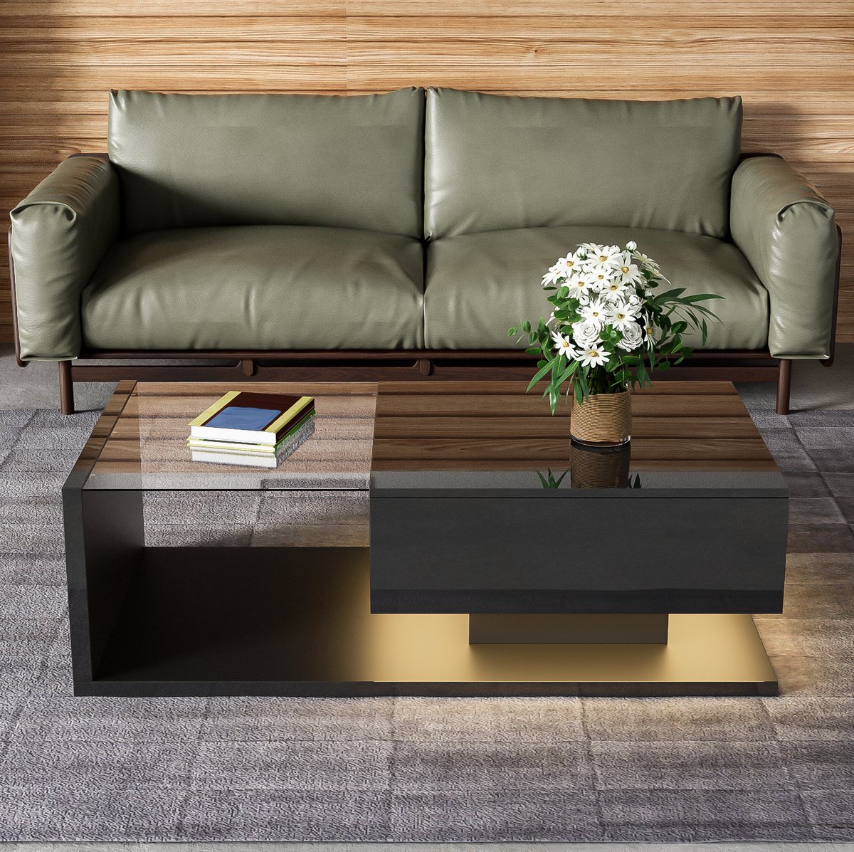 COVREO Salontafel 105 x 55 x 32,5 cm - hoogglans zwart, glazen blad met LED-effect
