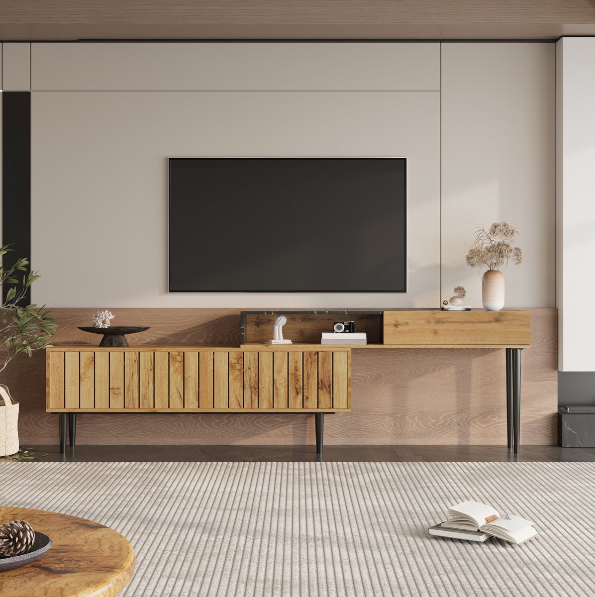 COVREO tv meubel 129-200 cm - verstelbaar, marmerlook fineer, houtlook, opbergruimte