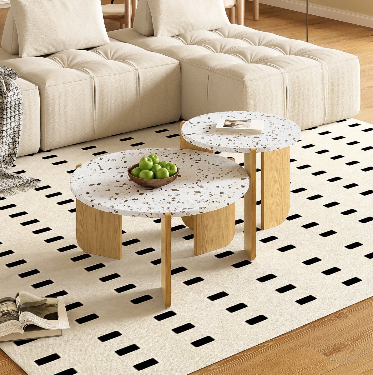 COVREO salontafel set 70x70x35 cm - 2-delig, rond, wit en houtkleur, MDF
