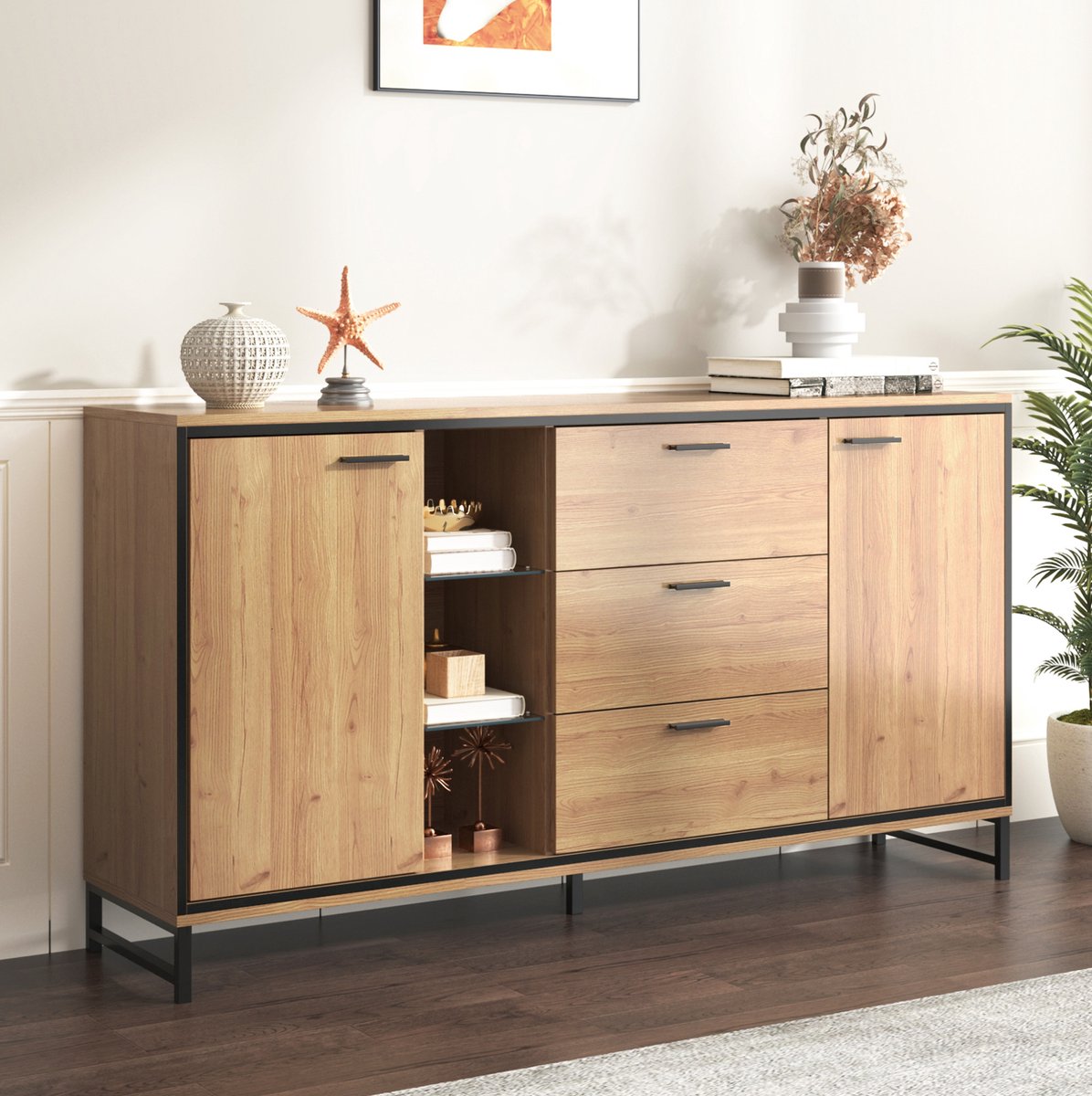 COVREO dressoir 160x40x85 cm - 3 lades, 2 deuren, LED verlichting, naturel en zwart