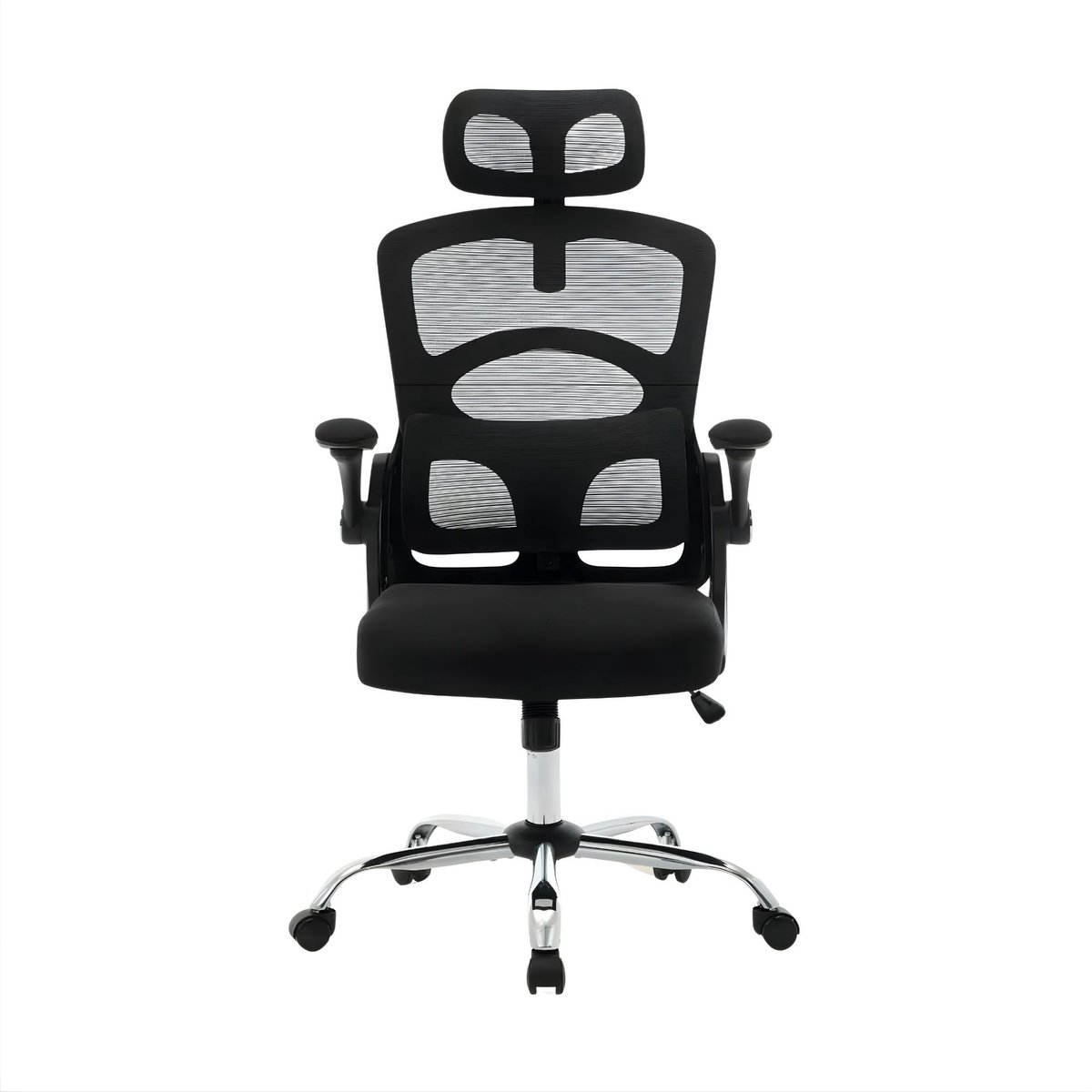 Bureaustoel - Ergonomische Mesh Stoel met Hoge Rug, Hoofdsteun, Lendensteun en 360° Draaifunctie - Metaal en Mesh - Zwart