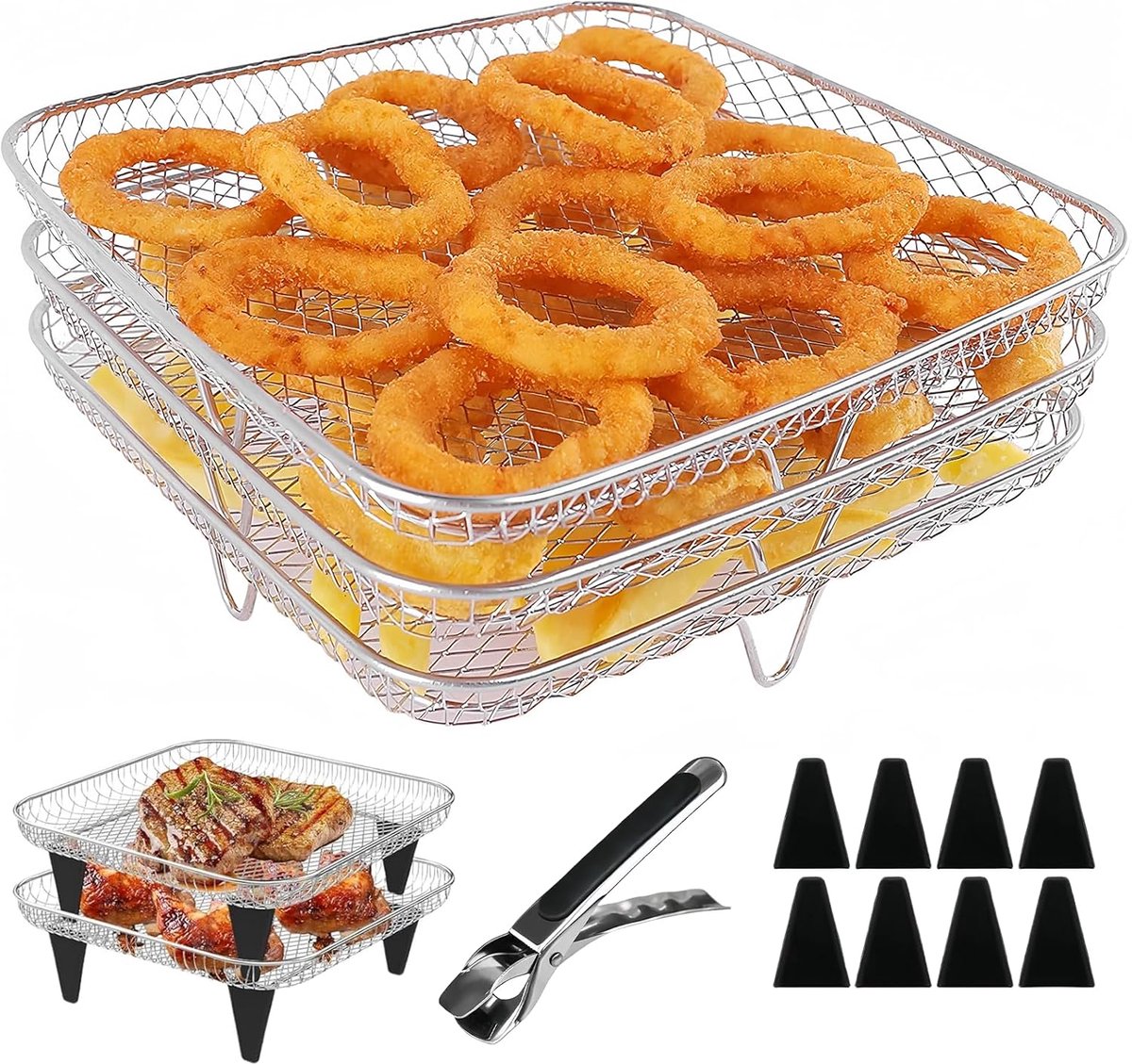 Thijox - 3-laags stapelbare luchtfriteuse rek van 304 roestvrij staal - 21 x 21 x 9 cm - Vierkant Air Fryer Tray met 4 siliconen voetjes en pincet - O