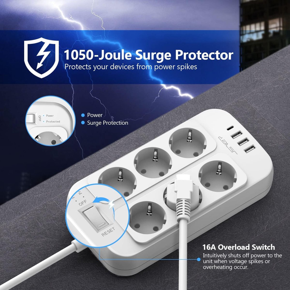 Thijox - Meerdere Socket met USB 6 Slot Socket Strip met 3 USB A en 1 USB C Desk Distribution Socket 3680W 16A met Schakelaar, Muur Gemonteerd, Oversp