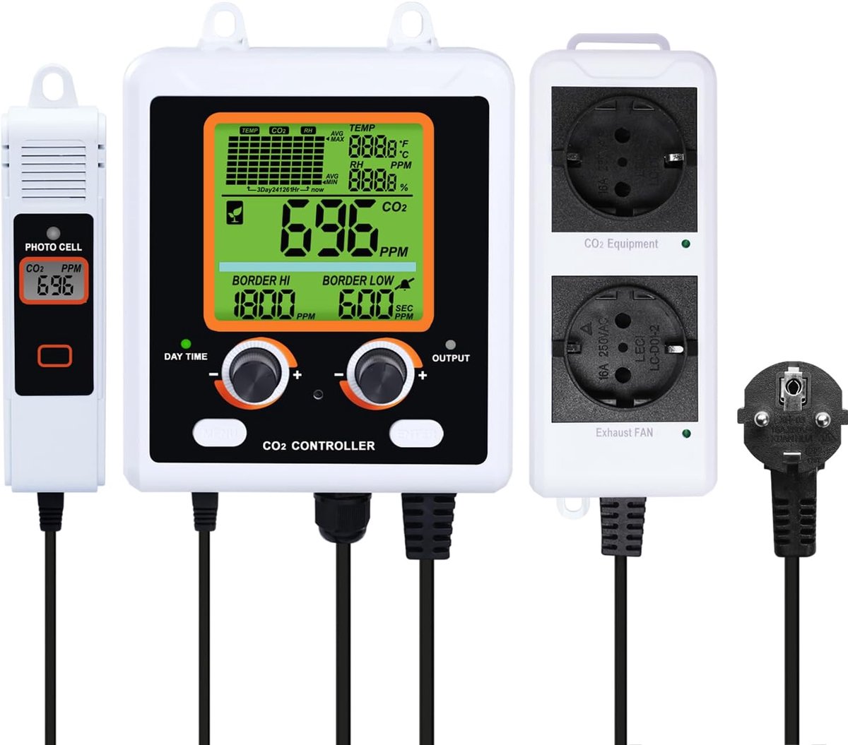 SnelShoppen - CO2 Controller met Dubbele Uitgangen voor Kweekruimte, Automatische Regeling, NDIR Sensor Monitor, Groot Display, Temperatuurregeling, G