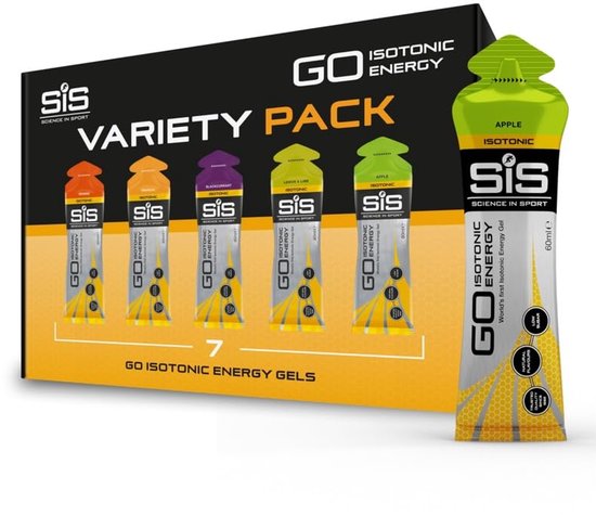 SiS GO Isotonic Energy Gel Variety Pack met 7 sachets in de smaken Apple, Blackcurrant, Orange, Tropical, Lemon & Lime en Pineapple.
