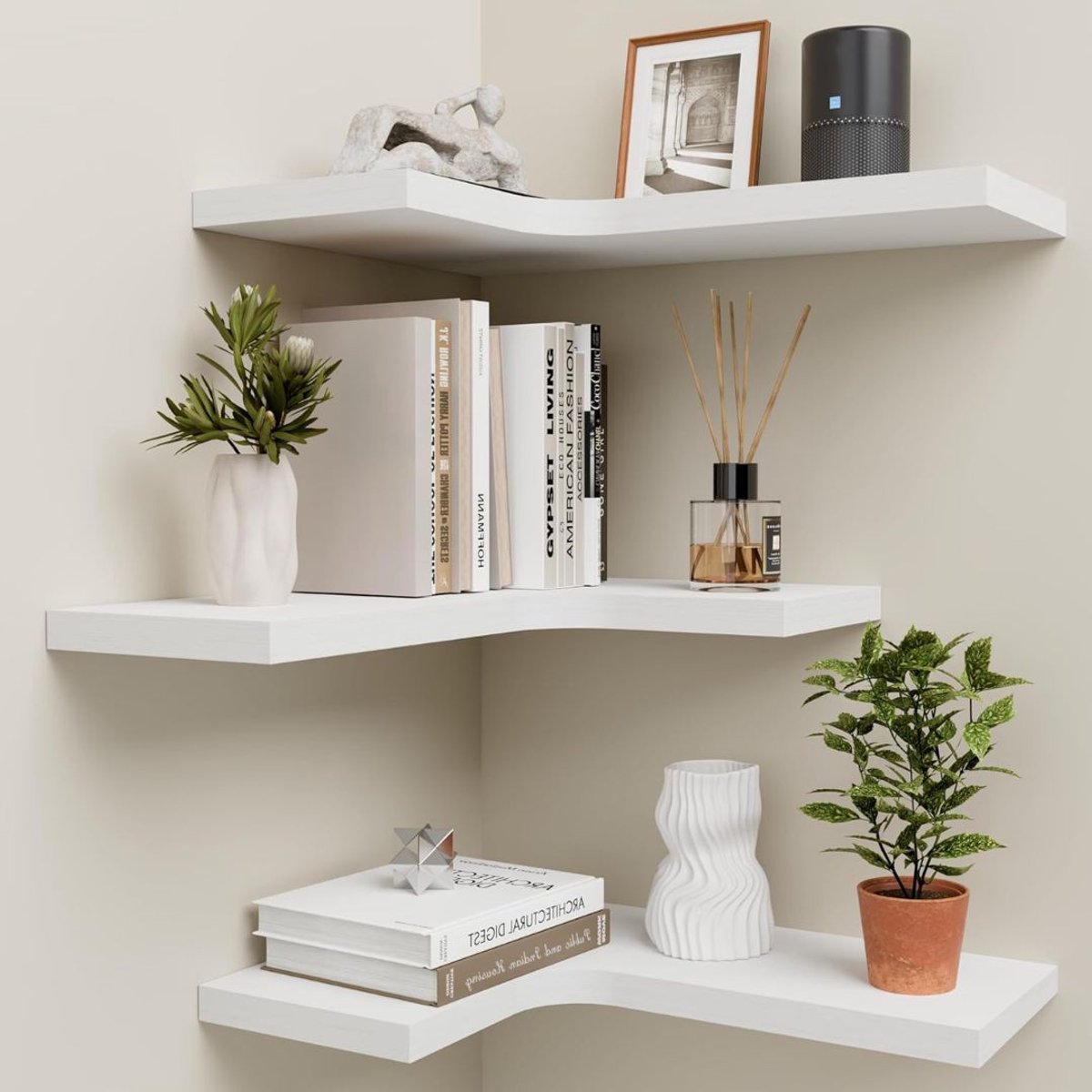 Wandplank - Houten Plank Wandmontage - Hoekrek Display Decor - Hoekplank - Wit