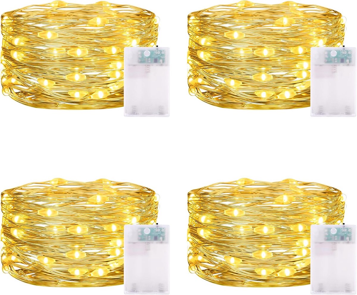 Thijox - 4 x 50 LED Batterij-aangedreven Lichtsnoer 5m met Timer, Waterdicht, Decoratief voor Binnen en Buiten, Perfect voor Kerstmis, Feesten, Tuin,