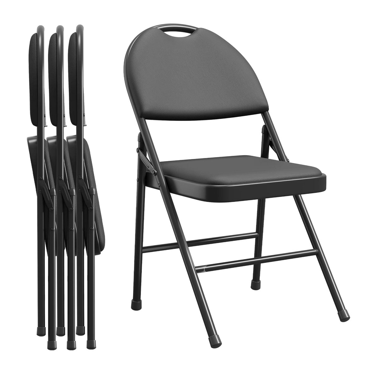 Set van 4 Opvouwbare Stoelen - Stapelbaar Comfort design met Rugleuning - voor feesten en kantoor - Zwart PU Leer en Metaal - Beige