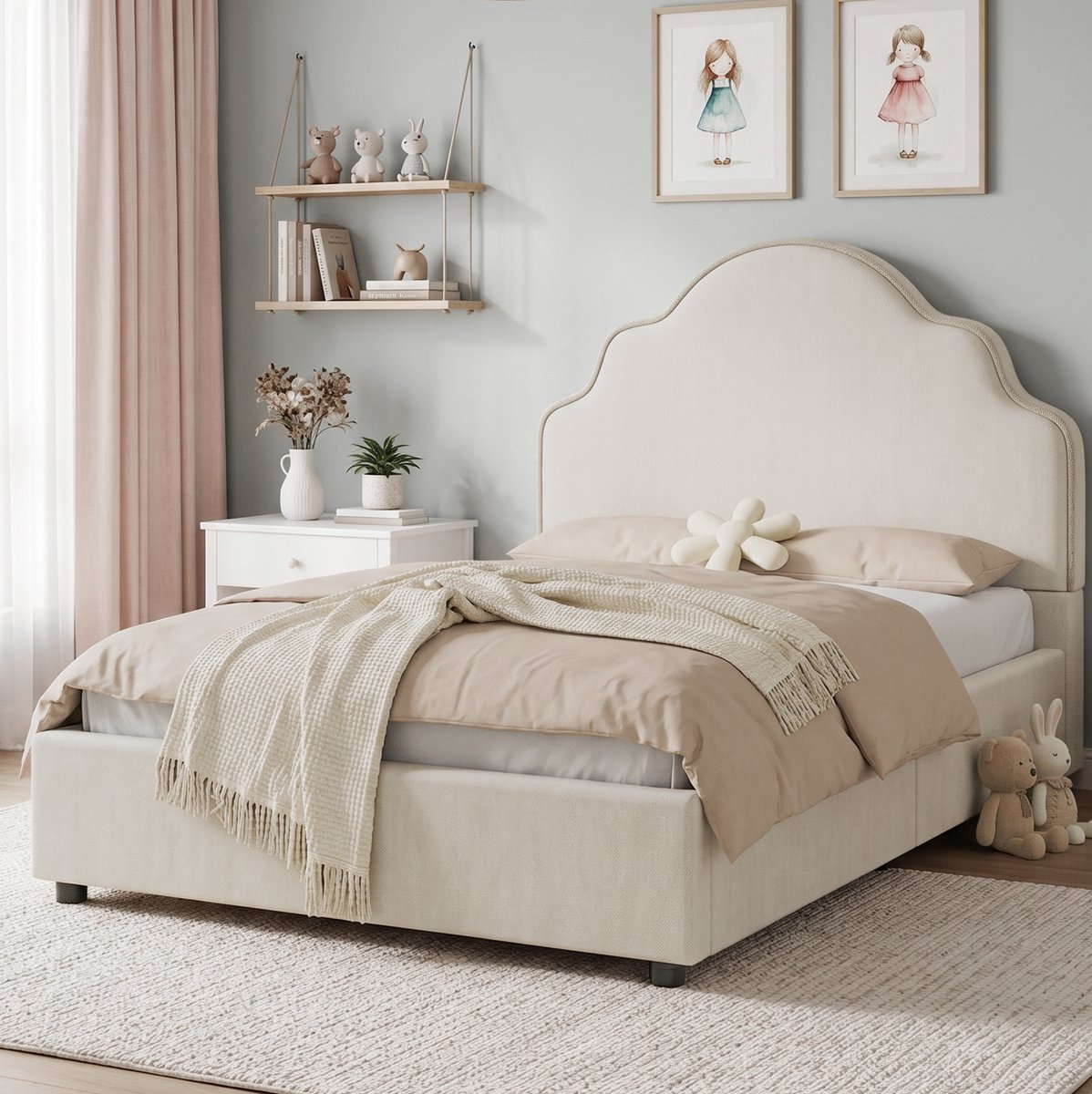 OKWISH Gestoffeerd Kinderbed 90x200 cm - Eenpersoonsbed met Wolkvormig Hoofdbord - Inclusief Lattenbodem - Zonder Matras - Linnen - Beige