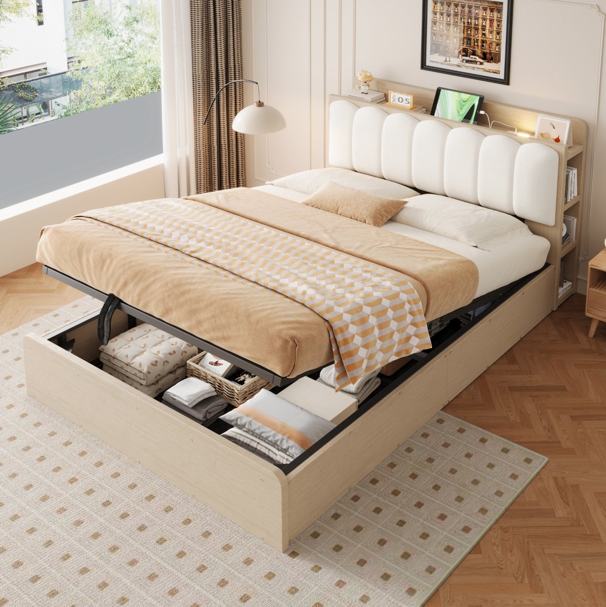OKWISH Gestoffeerd Bed 140x200 cm - Hydraulisch Opbergbed Met USB En Nachtlamp - Hoofdbord Met Opbergruimte - Zonder Matras - Houtkleur