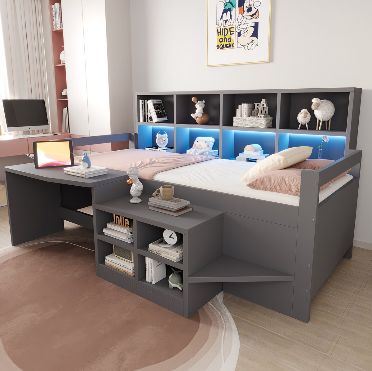 OKWISH Halfhoogslaper 90x200 cm - Met Bureau, USB Aansluitingen en LED Verlichting - Met Opbergruimte - Kinderkamer - Hout - Grijs - Zonder Matras