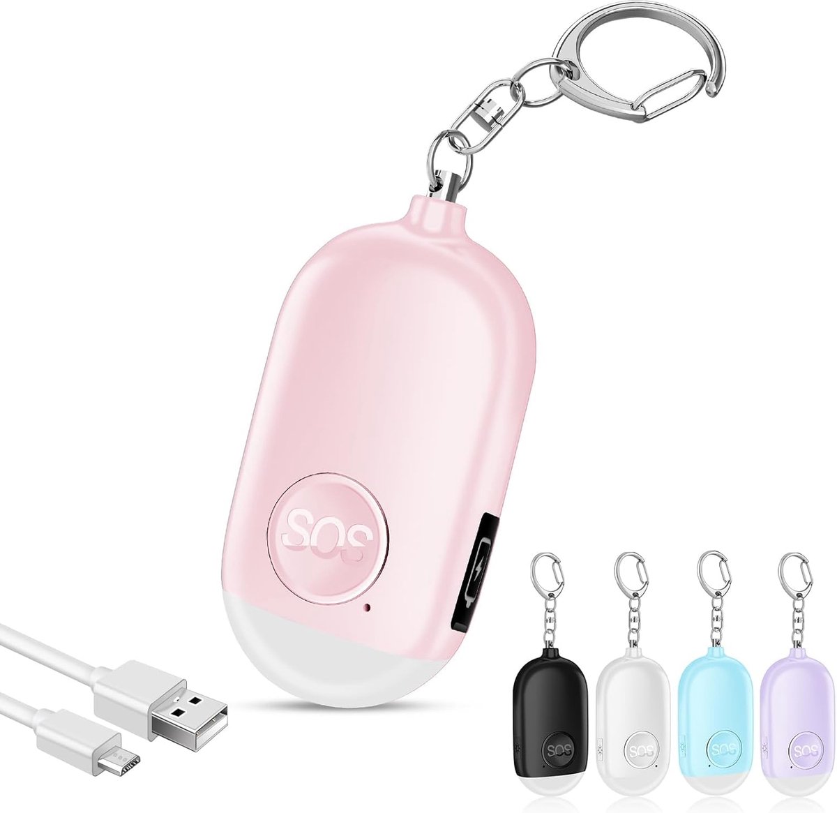 Persoonlijk veiligheidsalarm - zelfverdedigingsalarm - 130 dB zelfverdedigingsalarm sleutelhanger - met LED-zaklamp - oplaadbaar - compact en draagbaar - geschikt voor senioren, studenten en vrouwen - roze