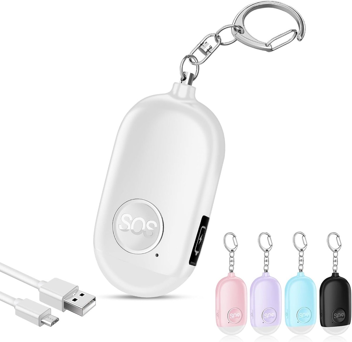 Persoonlijk veiligheidsalarm - zelfverdedigingsalarm - 130 dB zelfverdedigingsalarm sleutelhanger - met LED-zaklamp - oplaadbaar - compact en draagbaar - geschikt voor senioren, studenten en vrouwen - wit
