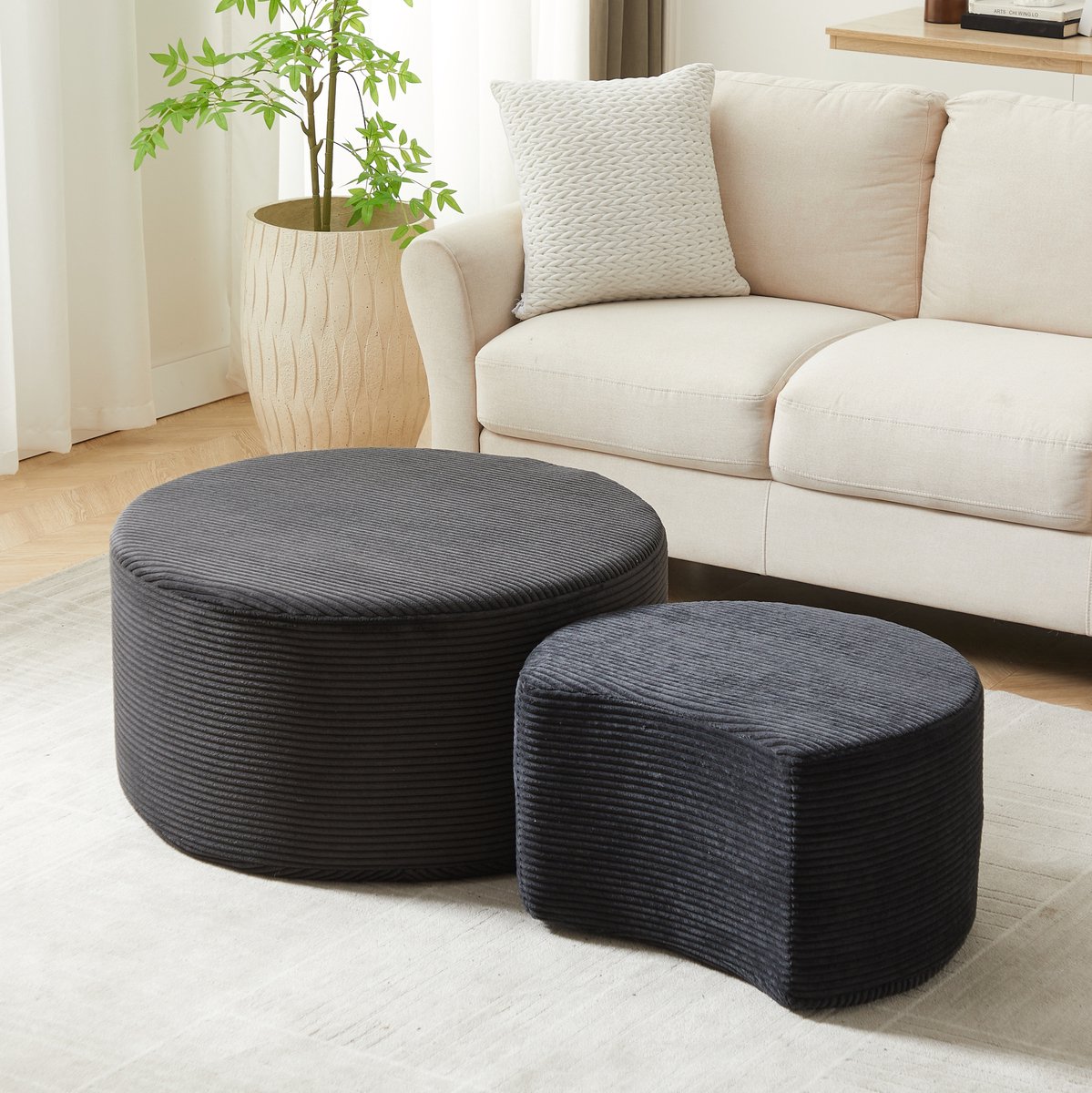 COVREO Poef set 2-delig 127 x 81 x 40 cm - rond, stof, zwart, zonder montage