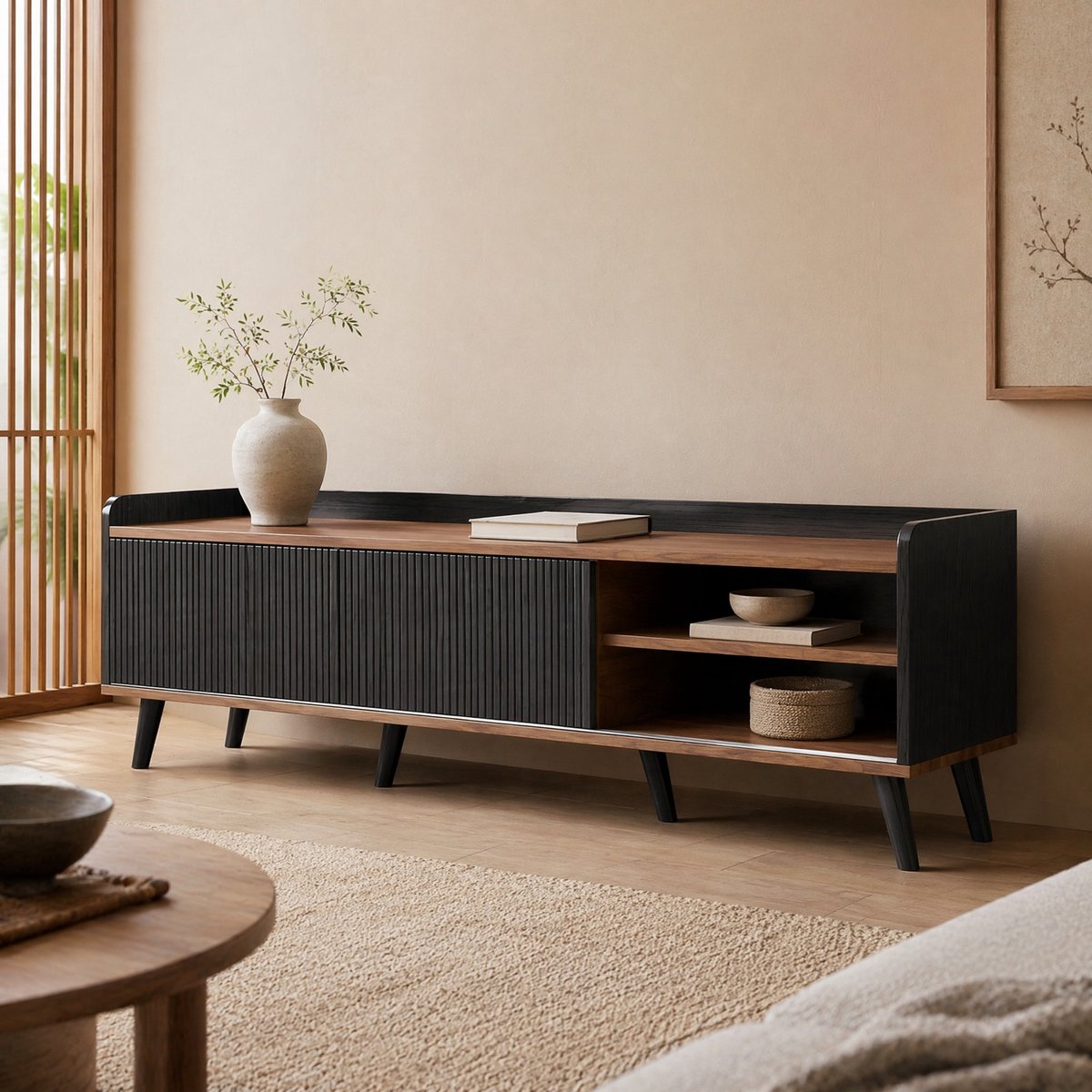 COVREO TV-meubel 160 x 40 x 58 cm - 2 schuifdeuren, 2 lades, zwart en houtkleur