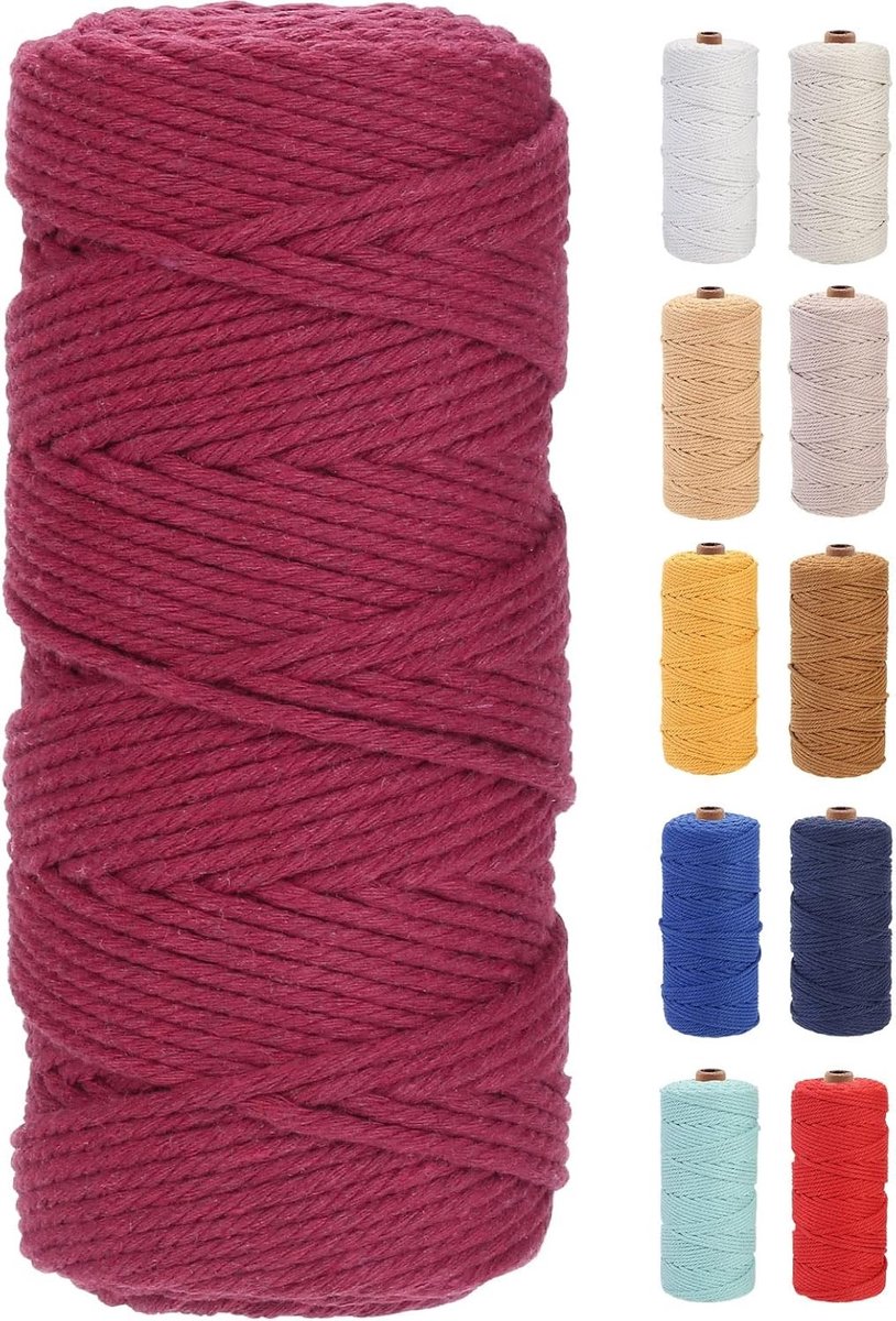 Premium Katoenen Macrame Touw 3mm x 100m, Zacht en Duurzaam, Perfect voor Macrame Projecten en Creatieve Ambachten, Chemievrij en Milieuvriendelijk (Wijnrood)