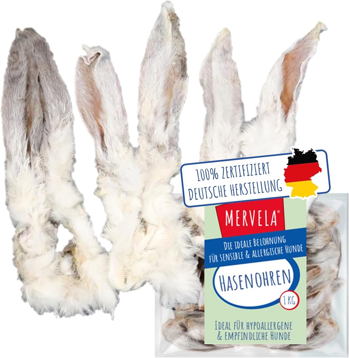 Thijox - Konijnenoren met Vacht voor Honden, 1 kg - 100% Natuurlijke Luchtgedroogde Kauwsnacks, Hypoallergeen, Graanvrij, Ondersteunt Spijsvertering e