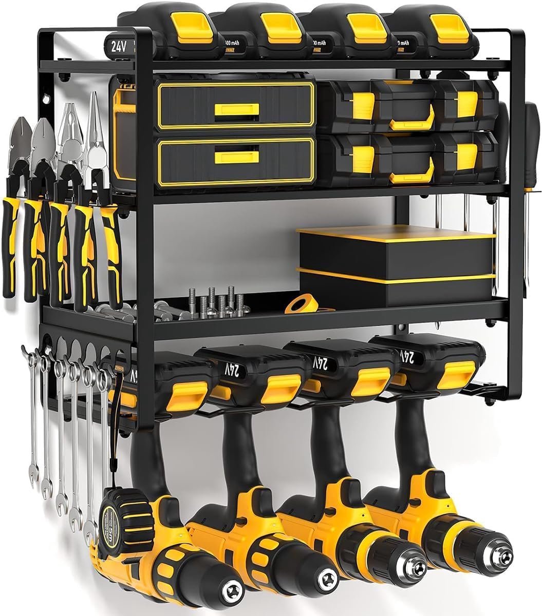 Thijox - Power Tool Organizer Wandmontage - Heavy Duty Boorhouder voor 4 Accuboormachines - Opbergrek met Zij-Schroevendraaierrek en Haken - Ideaal vo