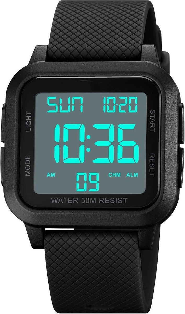 Thijox - Digitaal Sporthorloge Heren Waterdicht met LED Achtergrondverlichting, Alarm, Countdown, Stopwatch, Dubbele Tijd en 12/24 Uur Weergave, Wit/Z