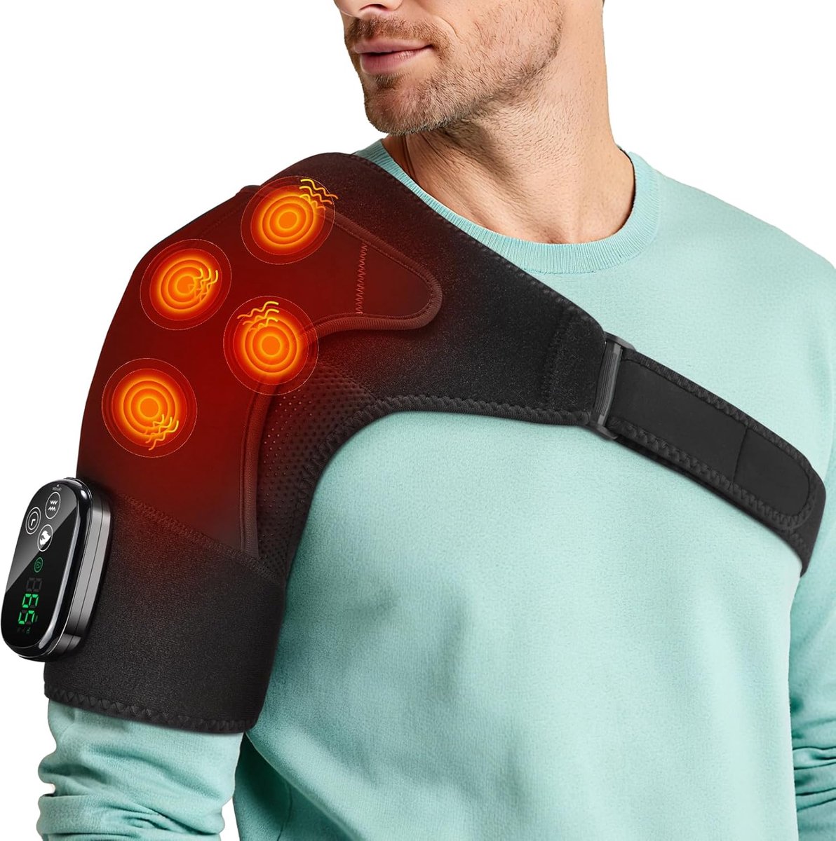 Thijox - Draadloze Verwarmde Schoudermassagekussen met Touchscreen, 5 Warmteniveaus, 5 Trillingsstanden, Timer, Accu 5000mAh, 4 Motoren, Zwart voor On