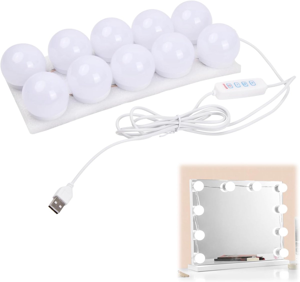 SnelShoppen - 10 Dimbare LED Spiegellampen in 3 Kleuren - Hollywood-Stijl Make-uptafellamp voor Cosmeticaspiegel en Badkamerspiegel - Perfect voor Mak
