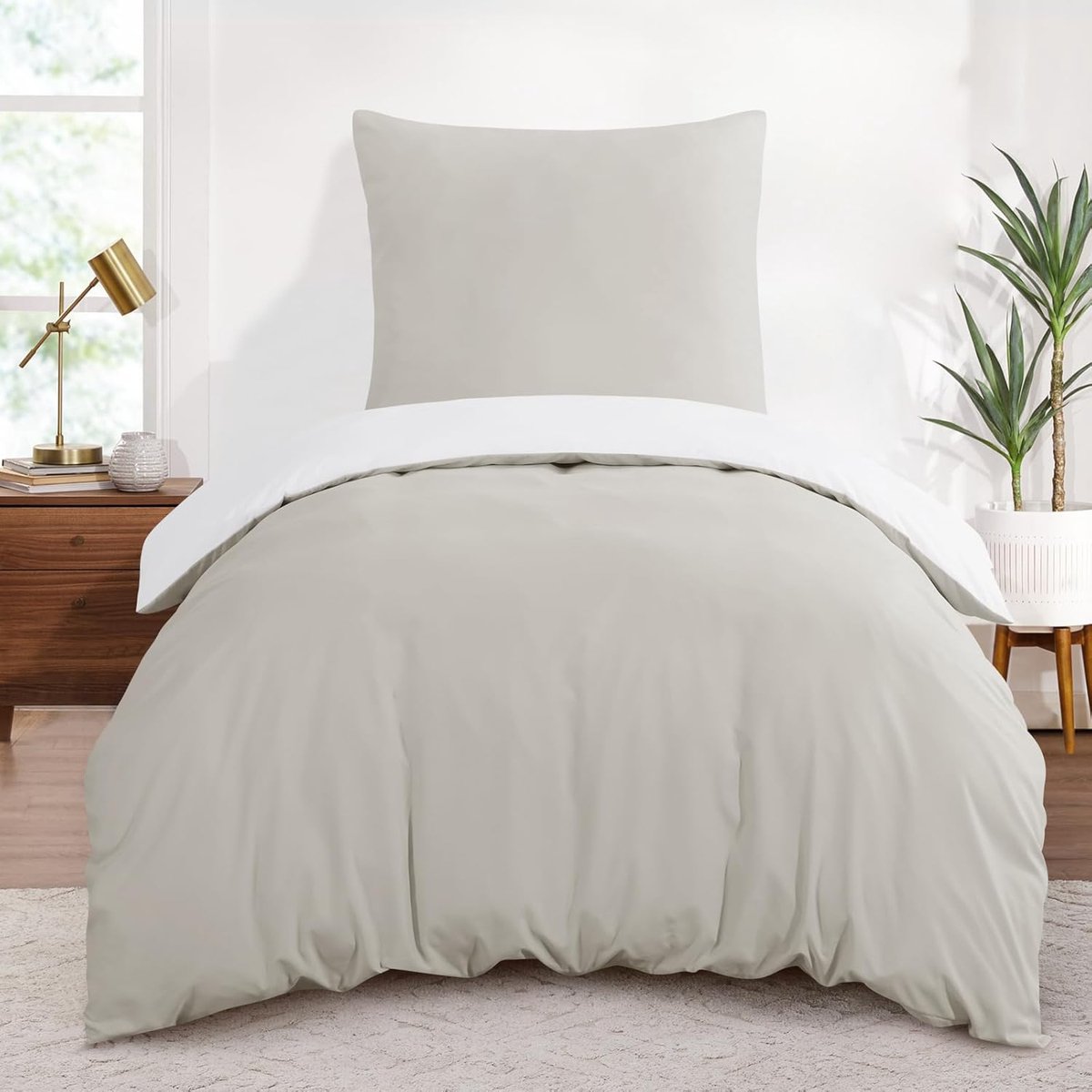 SnelShoppen - Reversible Dekbedovertrek 140 x 200 cm met 1 Kussensloop 65 x 65 cm, Beige/Wit, Microfiber Bedlinnen voor Volwassenen, Zipper, Oeko TEX