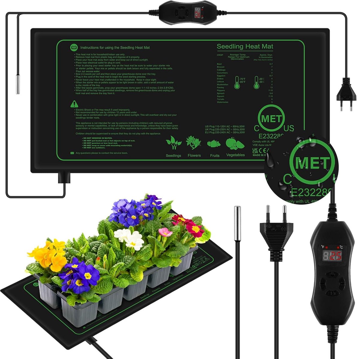 SnelShoppen - Verwarmingsmat voor Planten 52,5 x 25 cm - Thermo Mat met Thermostaat Set -