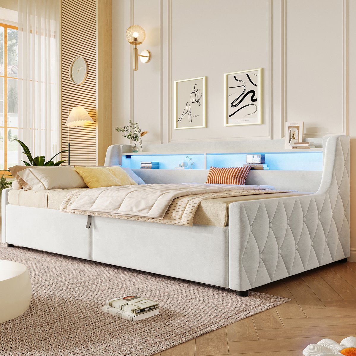 OKWISH Gestoffeerd Bed 90x200 cm - Met Led Hoofdbord En Opbergruimte - Platformbed - Zonder Matras - Stof En MDF - Off White