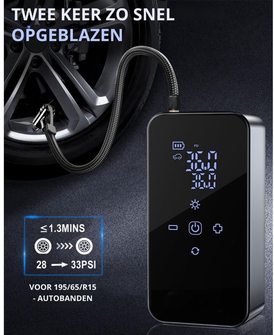KIRA® Compressor Bandenpomp - Elektrische Luchtpomp - Fietspomp Met Digitaal Display - Zwart - 16cm x 7cm x 4cm — afbeelding 4