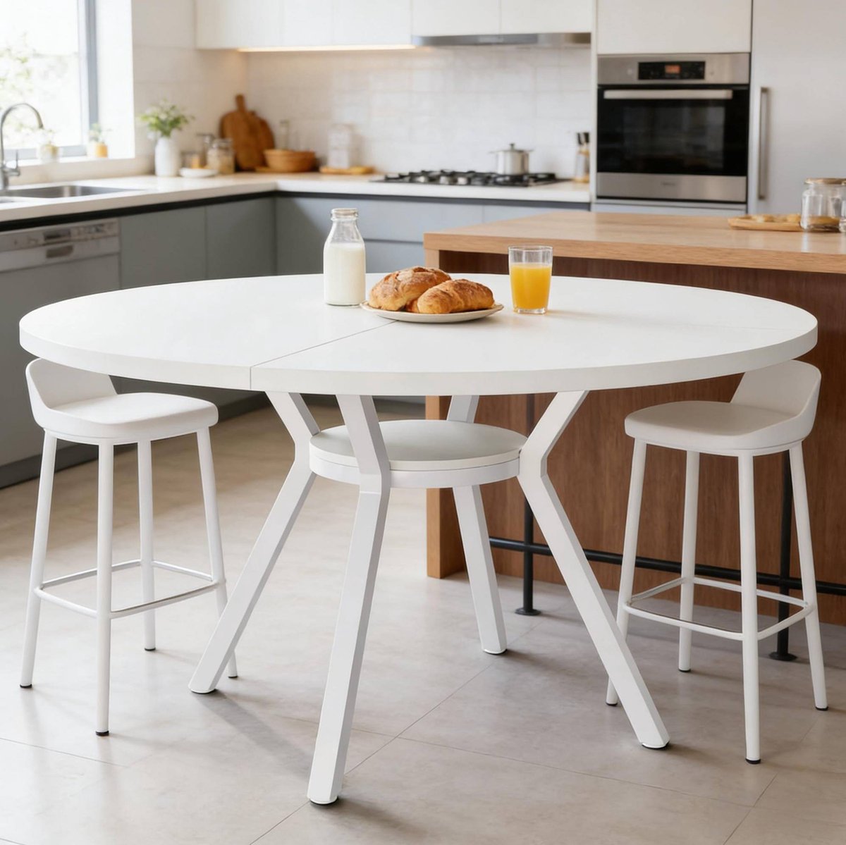 OKWISH Eettafel – Ronde Eettafel – 120 x 120 x 76 cm – Voor 4 Tot 6 Personen – Metaal En Hout Wit – Voor Eetkamer En Keuken