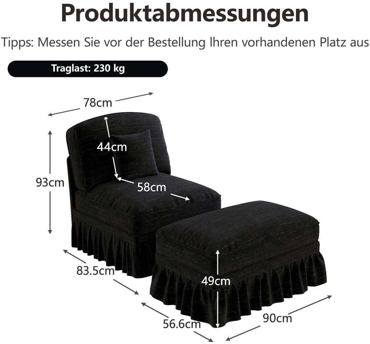 YYchan fauteuil met voetenbank - zwart - 83,5 x 78 x 93 cm - voetenbank 90 x 56,6 x 49 cm