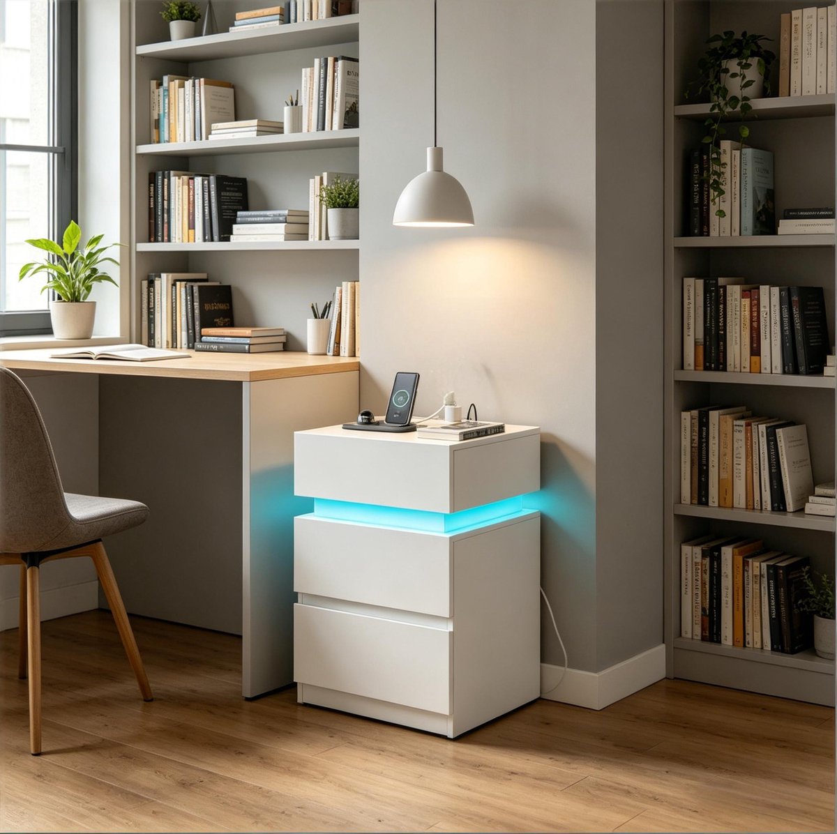 OKWISH Nachtkastje - Met Verstelbare Ledverlichting En Oplaadstation - Voor Slaapkamer Of Woonkamer - Hout Wit - 40 x 35 x 55 cm