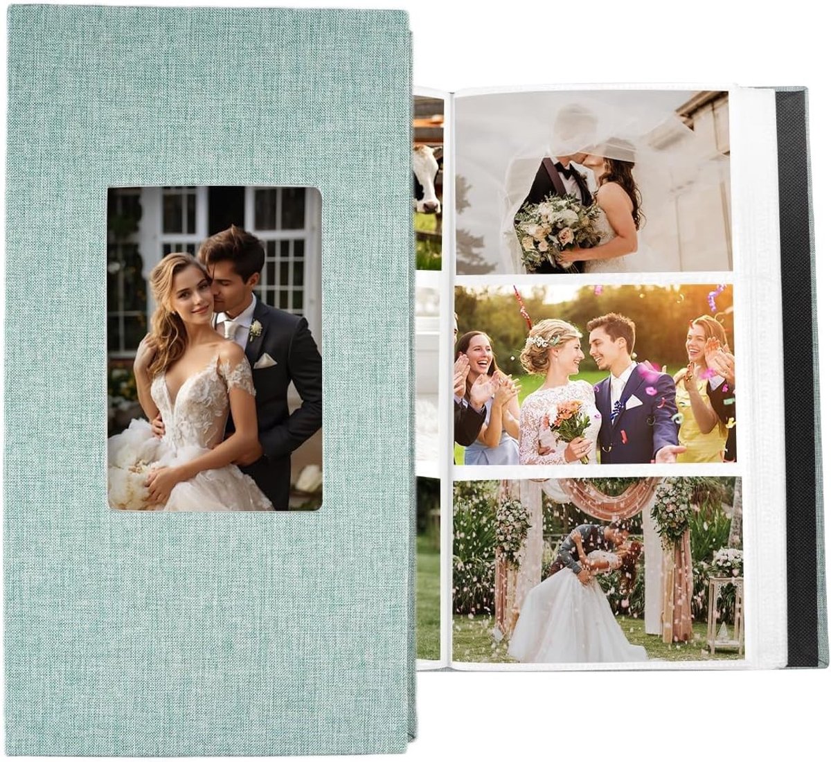 Linnen Fotoalbum voor 300 Foto's 10x15cm met DIY-Vensters, Insteekalbum voor Familieherinneringen, Bruiloften en Reizen in Groen