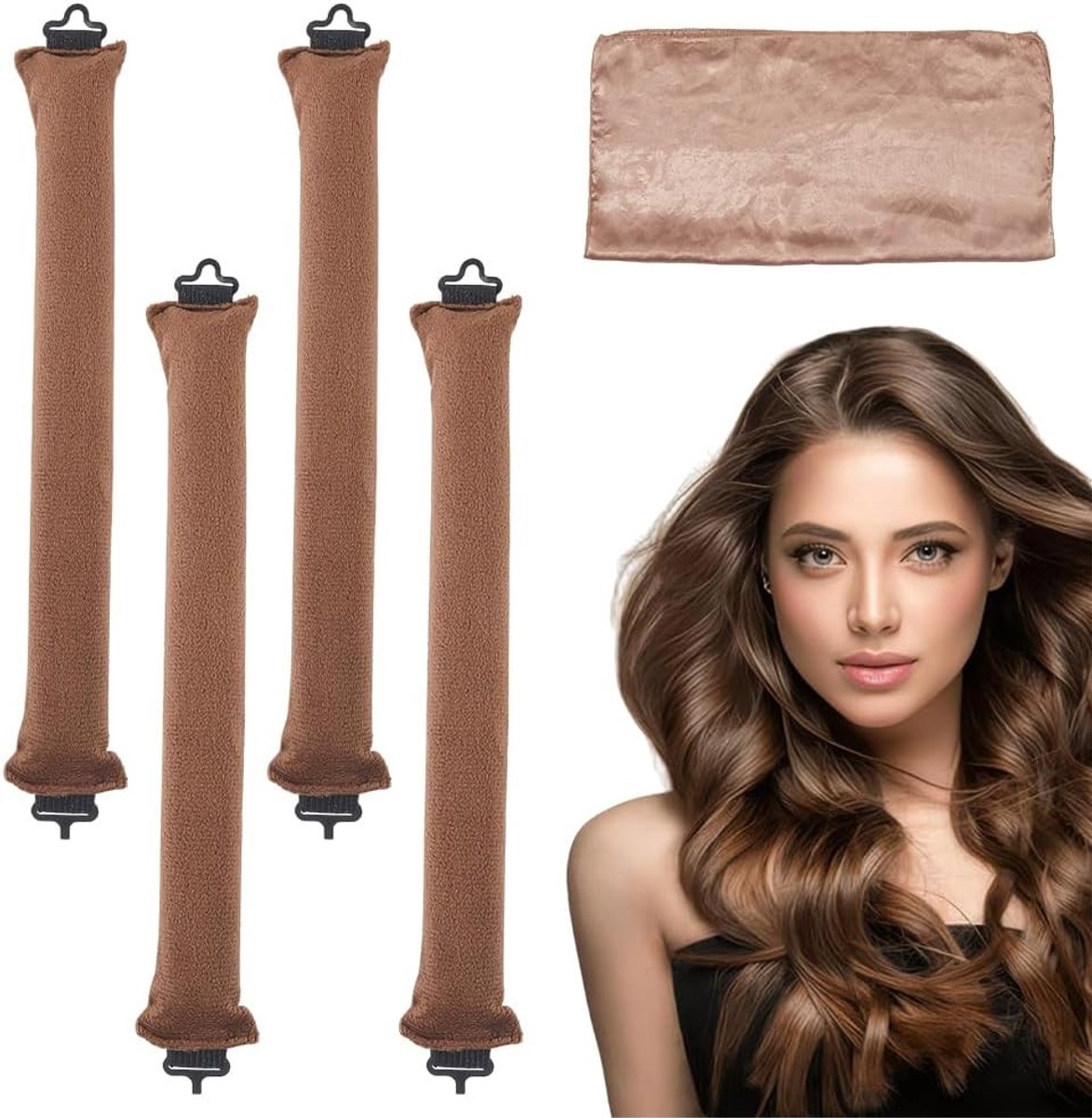 4 Stuks Geen Hitte Krulrollers voor 's Nachts met Satijnen Hoofddoek en Sluiting voor Lang Haar, Stylingtools voor Alle Haartypes en Zacht Krullen