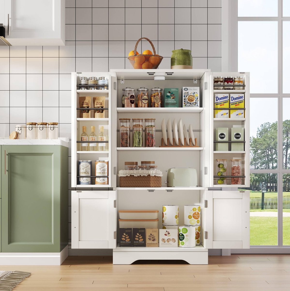 COVREO Keukenkast 120x60x40 cm - 4-deurs opbergkast met LED-sensorlicht, wit