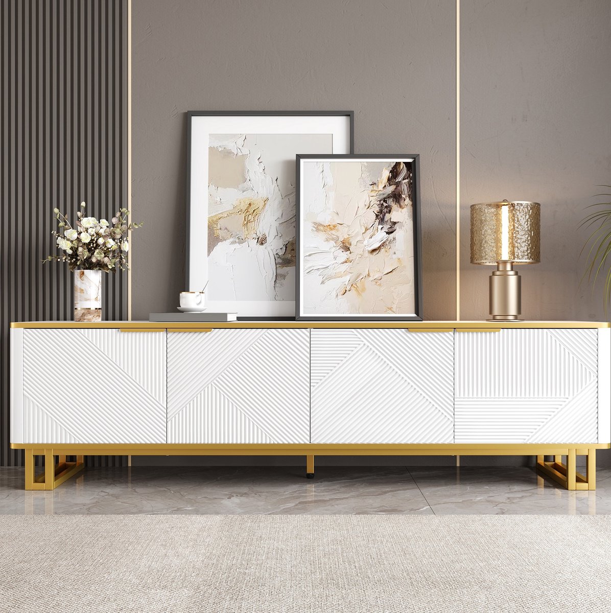 COVREO TV meubel 160 x 37,5 x 48 cm - 4 deuren, open opbergruimte, wit en goud